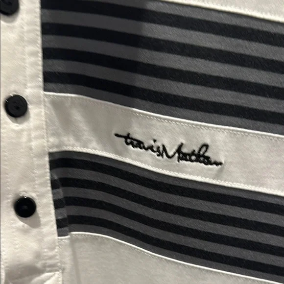 Men's White Travis Mathew Polo Shirt with black and gray stripes. - Picture 2 of 5